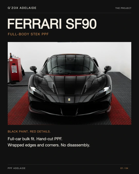 法拉利 SF90 全车 STEK PPF 海报，正面车牌已全部涂黑