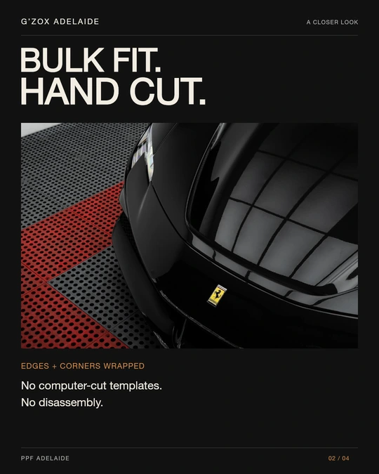 SF90 引擎盖细节与 bulk fit 手裁、包边包角、不拆件工艺说明，未显示车牌